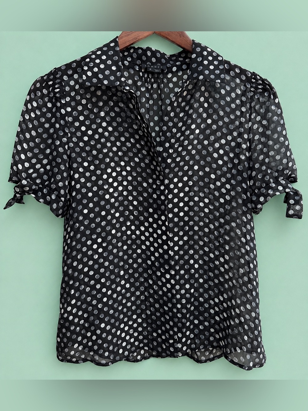 LADIES THEORY Vintage Silk Short-Sleeve Sheer Collar Button-Down Dot Blouse - P